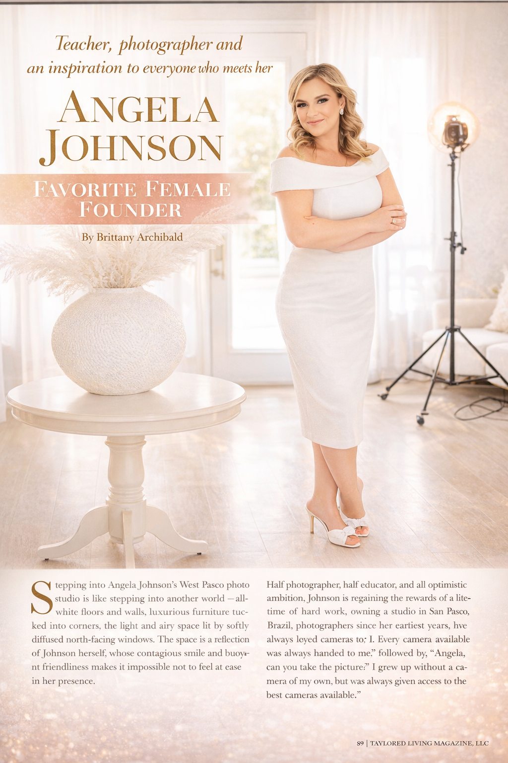 Taylored Living Magazine feature spread naming Angela Johnson as Favorite Female Founder