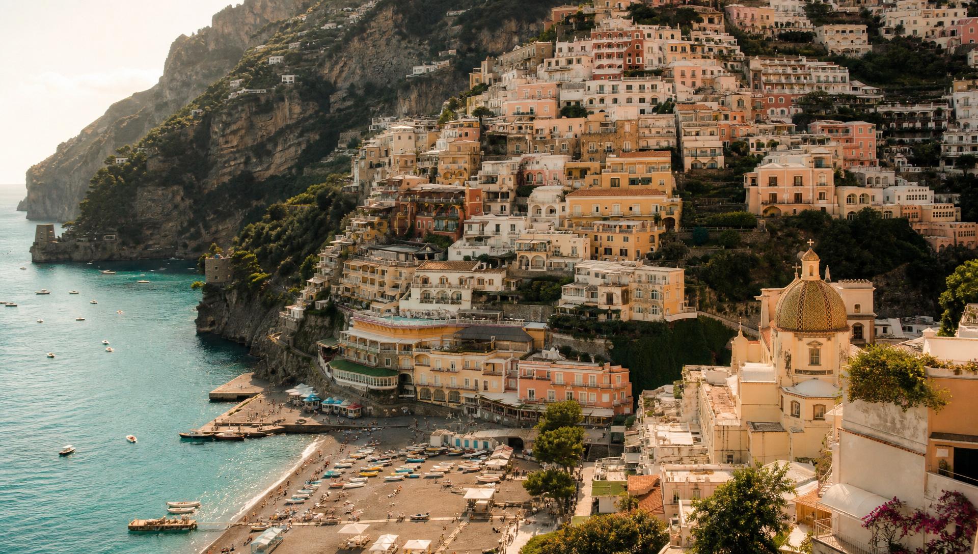 Positano village cascading down the cliffs at golden hour