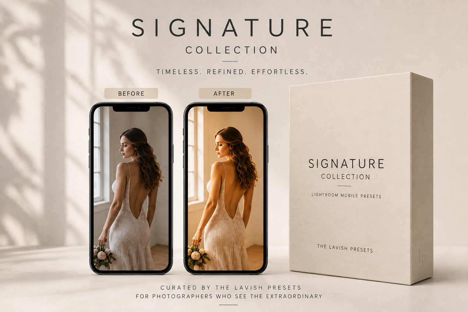 Signature Collection Lightroom Mobile presets shown as a before and after on two phones beside the preset box