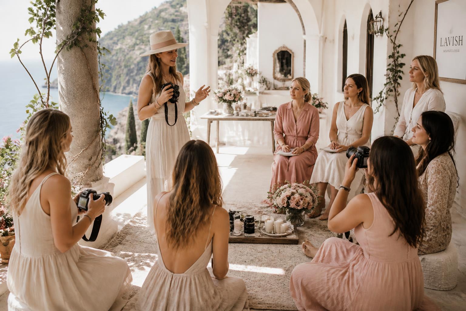 Photographers gathered for a luxury retreat workshop on a Mediterranean terrace with cameras and notebooks