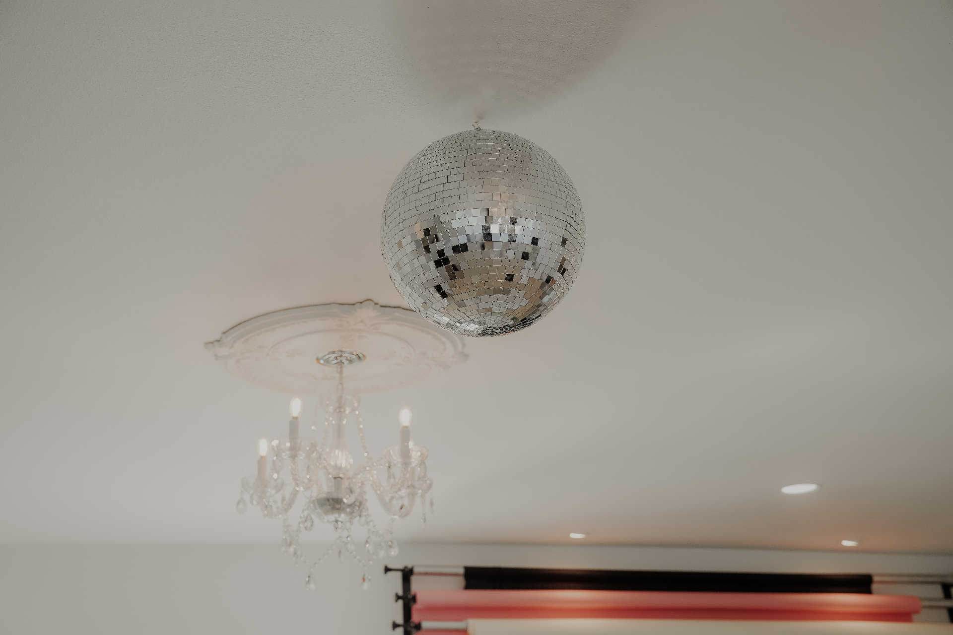 Disco ball and chandelier in Glam Studios