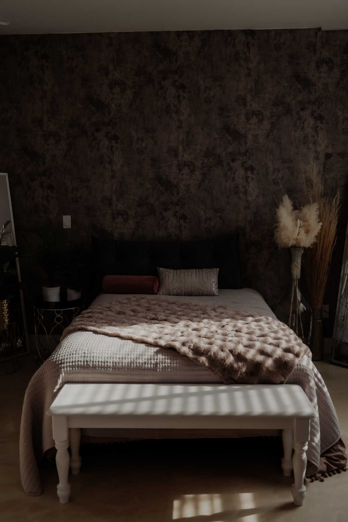 Boudoir bedroom with pampas grass accents