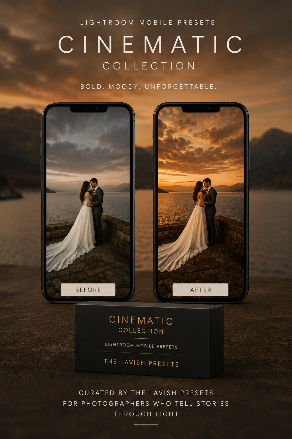 Cinematic Collection Lightroom Mobile presets shown as a before and after on two phones beside the preset box
