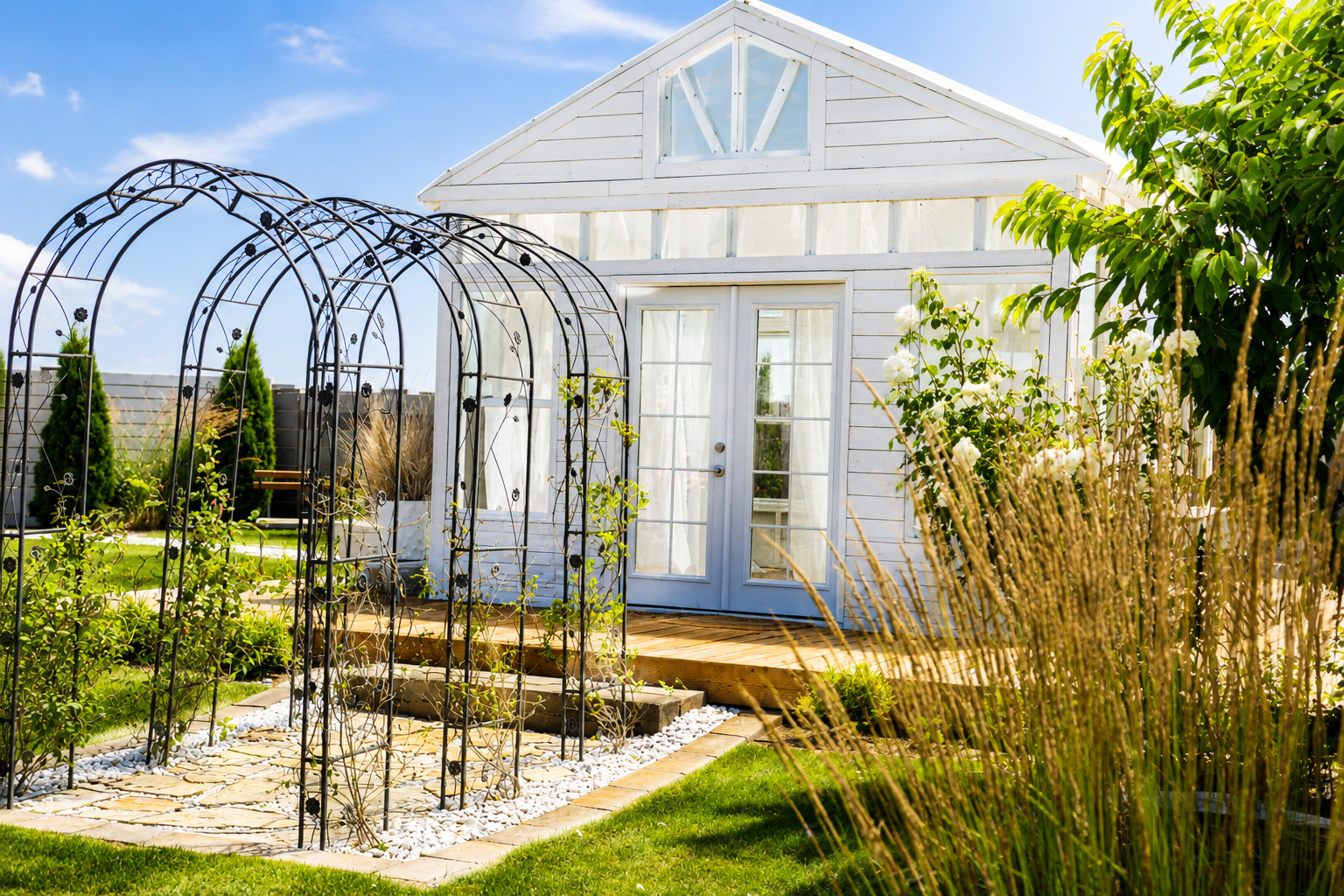 The Glasshouse — a light-filled greenhouse conservatory set in a landscaped garden, available as a $29 add-on to any Glam Studios rental