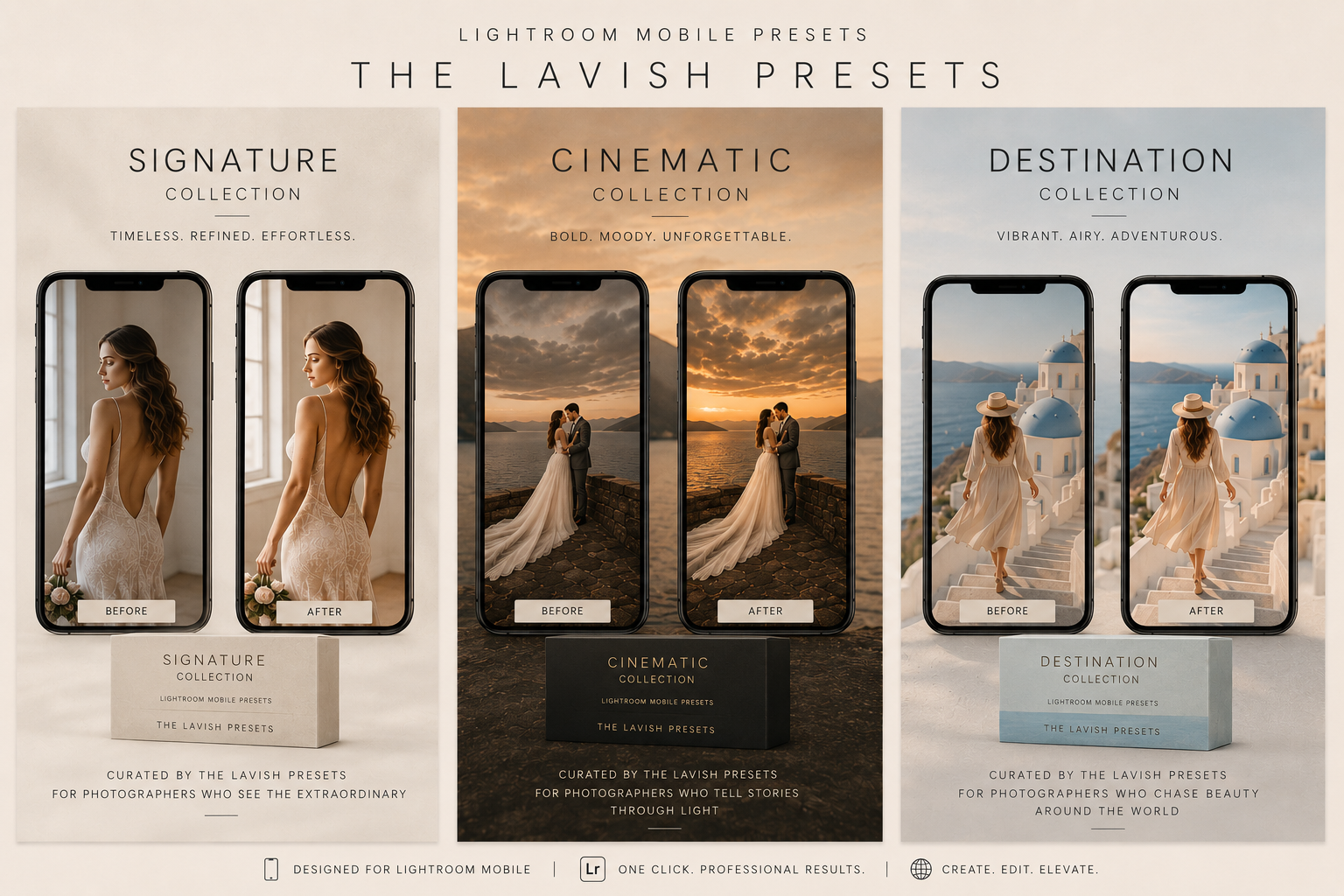 Signature, Cinematic and Destination Lightroom Mobile preset collections by The Lavish Presets