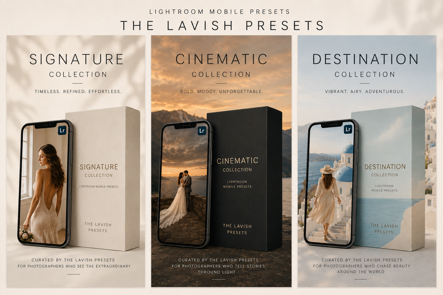 Signature, Cinematic and Destination Lightroom Mobile preset collections by The Lavish Presets