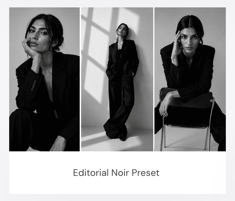 Editorial Noir triptych — a woman in a tailored black suit photographed in black and white