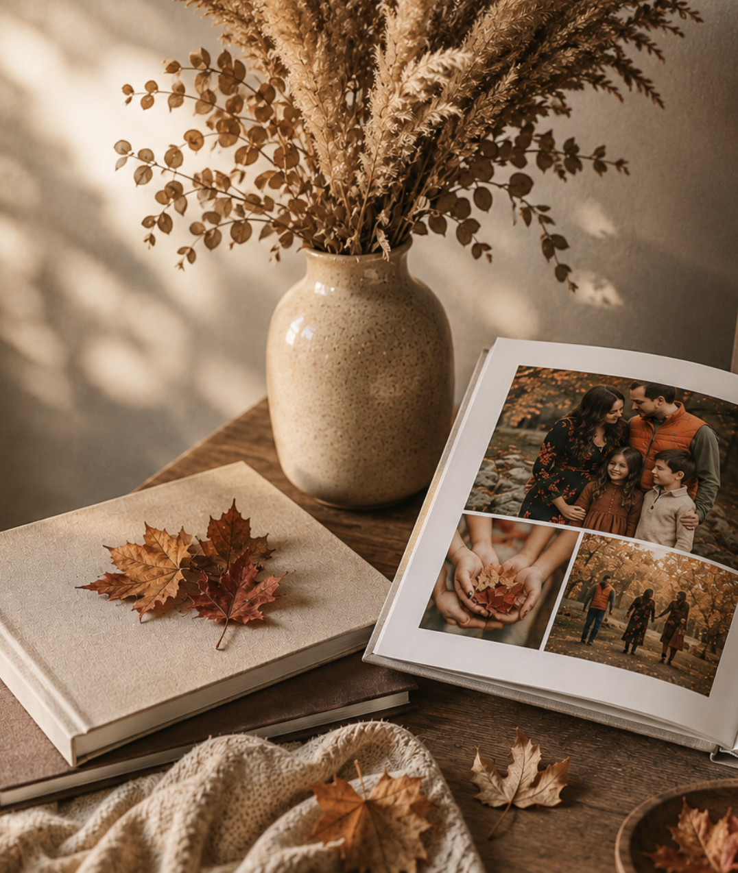 Autumn styling with an open heirloom album and pressed maple leaves