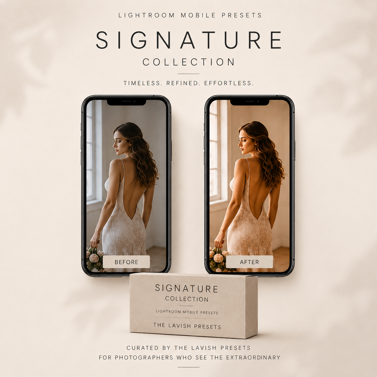 Signature Collection before and after preview with the Lightroom Mobile preset box