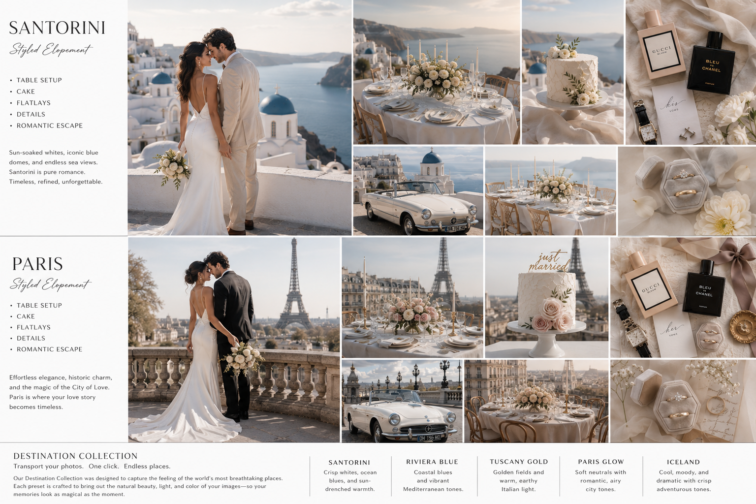 Destination Collection editorial moodboard — Santorini & Paris styled elopements with signature preset tones
