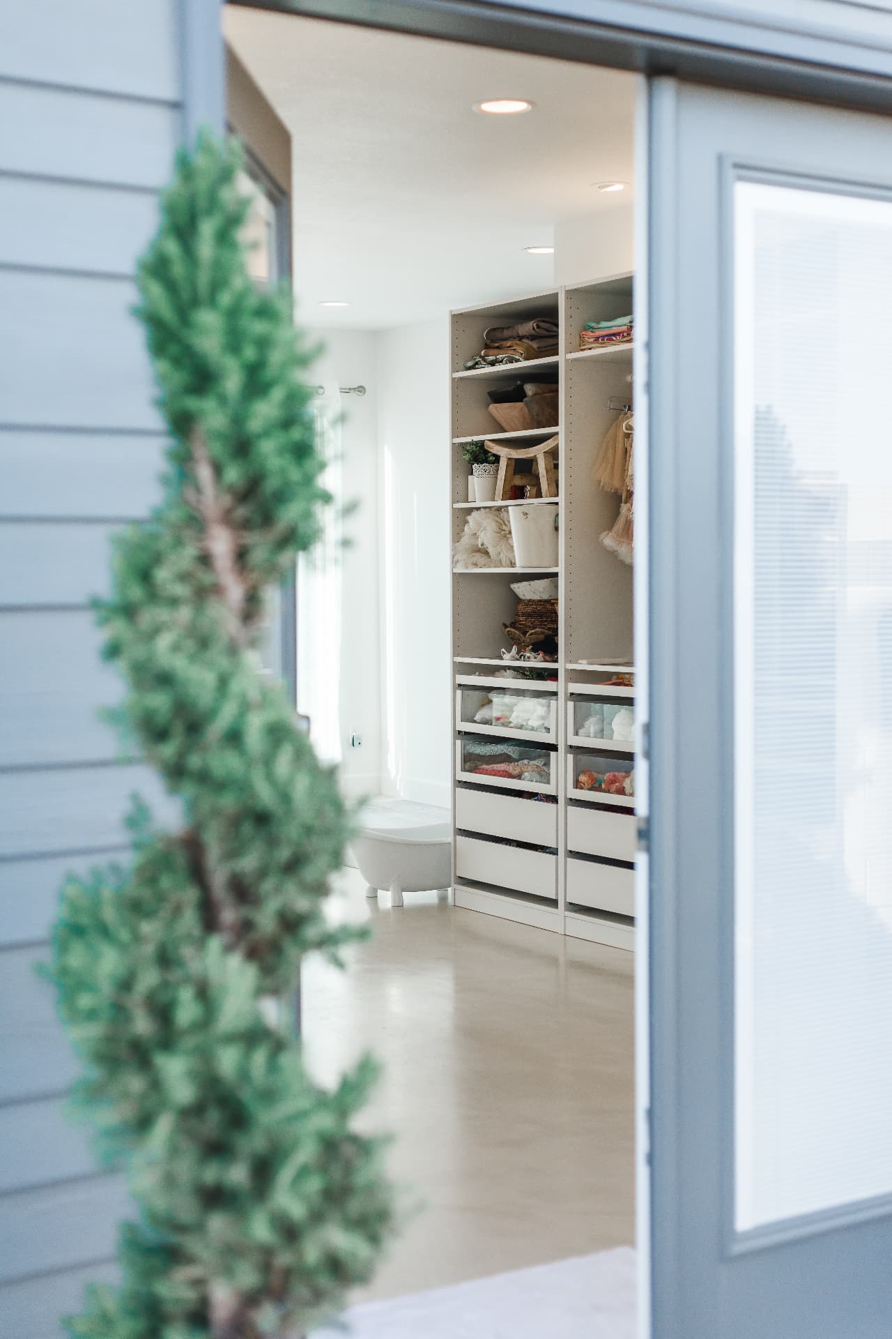 Bright bridal wardrobe with organized wedding-day essentials